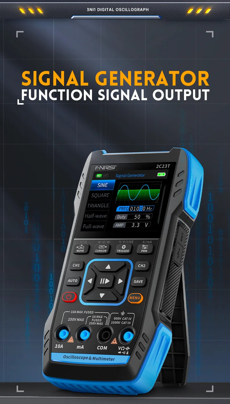 FNIRSI 2C23T Digital Multimeter Handheld Oscilloscope 10MHZ*2+ Function Signal Generator 9999 Count Smart Professional Tester