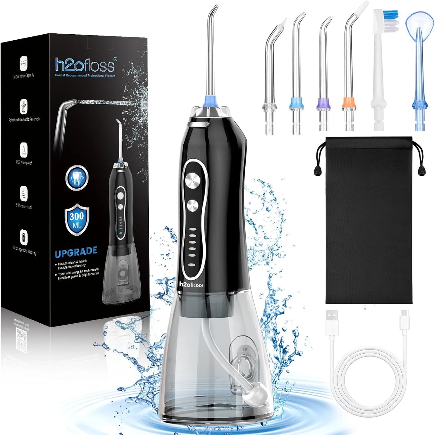 h2ofloss Dental Oral Irrigator Portable Water Flosser for Teeth Braces Rechargeable Home and Travel 5 Modes Waterproof