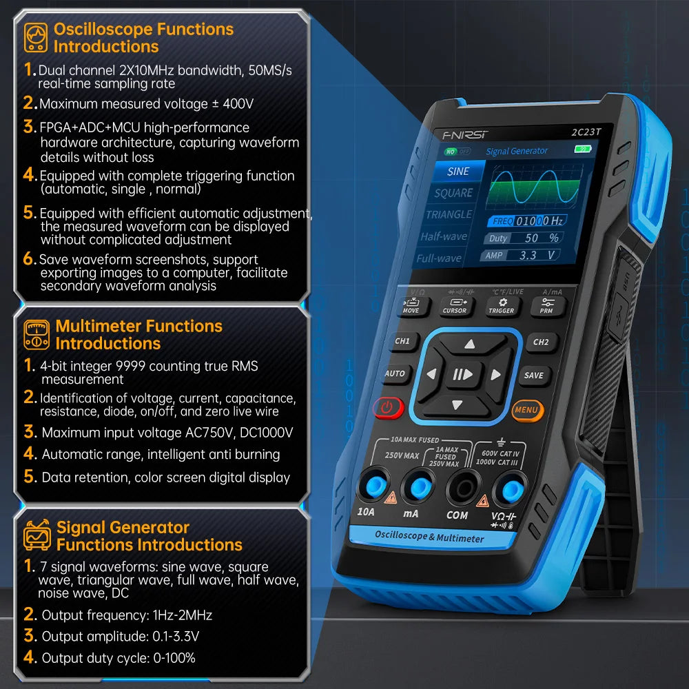 FNIRSI 2C23T Digital Multimeter Handheld Oscilloscope 10MHZ*2+ Function Signal Generator 9999 Count Smart Professional Tester