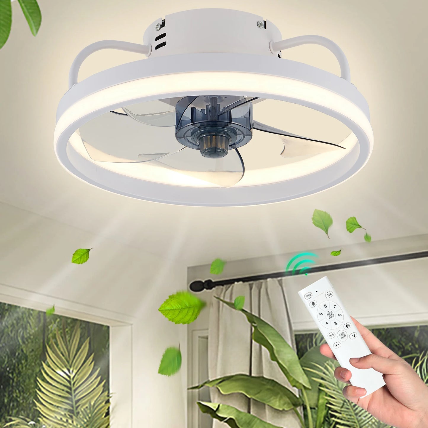 Modern LED ceiling fan with adjustable two-way blade timer and remote control tri-color adjustable bedroom living room kitchen