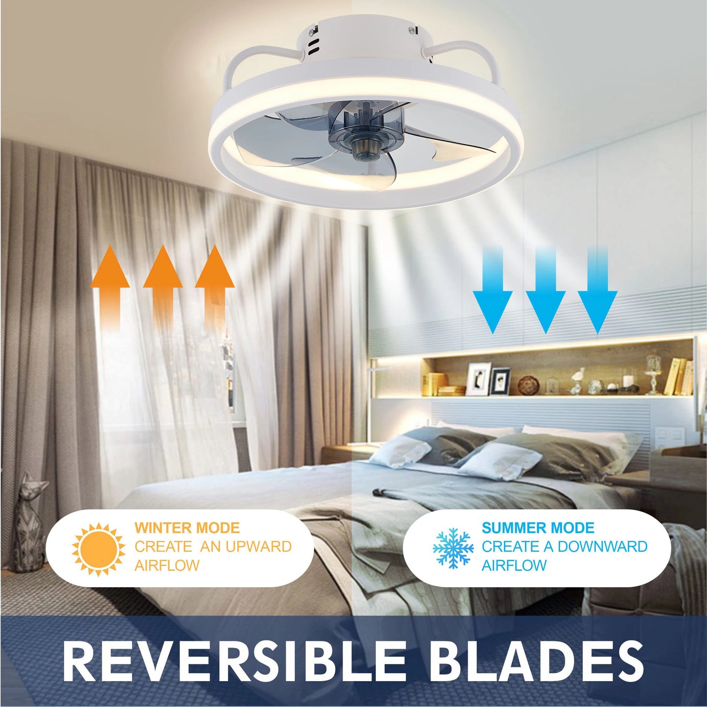 Modern LED ceiling fan with adjustable two-way blade timer and remote control tri-color adjustable bedroom living room kitchen
