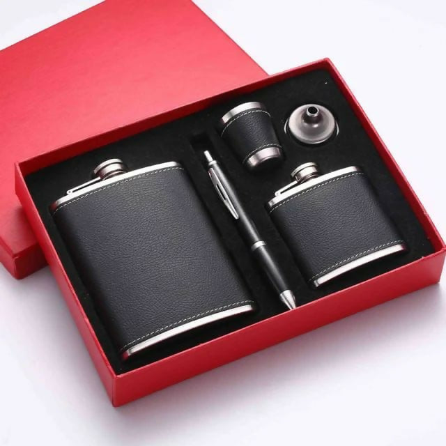Black leather-covered whiskey flasks gift set