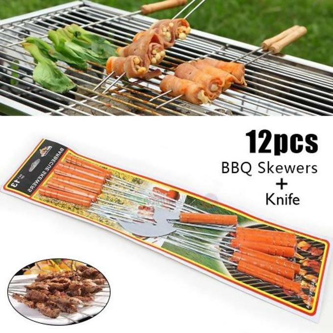 12pc Barbecue Skewers Twisted Metal Kebab Sticks Knife Set