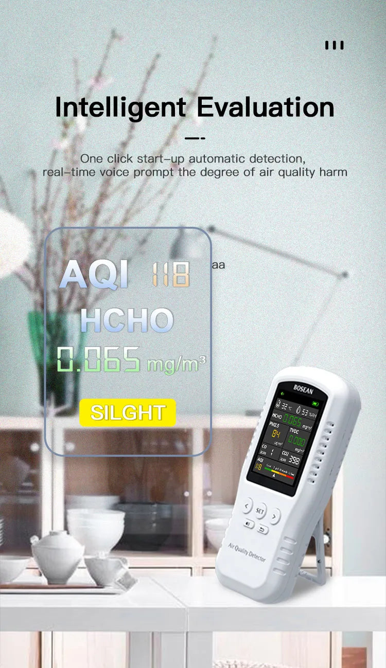Bosean Air quality Monitor CO2 CO PM2.5 HCHO TVOC Temperature Humidity Monitor Home Air quality detector with Real Sensors