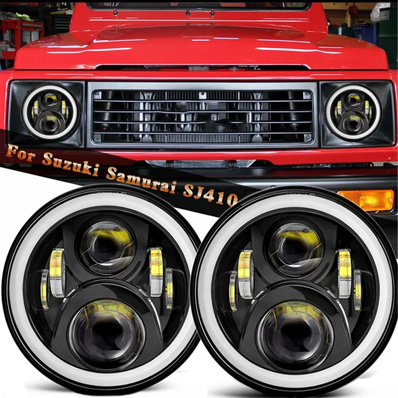 2x Car 7 Inch Led Headlight Hi/Low H4 Halo Angle Eyes DRL For Jeep JK TJ OffRoad Defender Hummer 4x4 Suzuki Samurai Headlamp