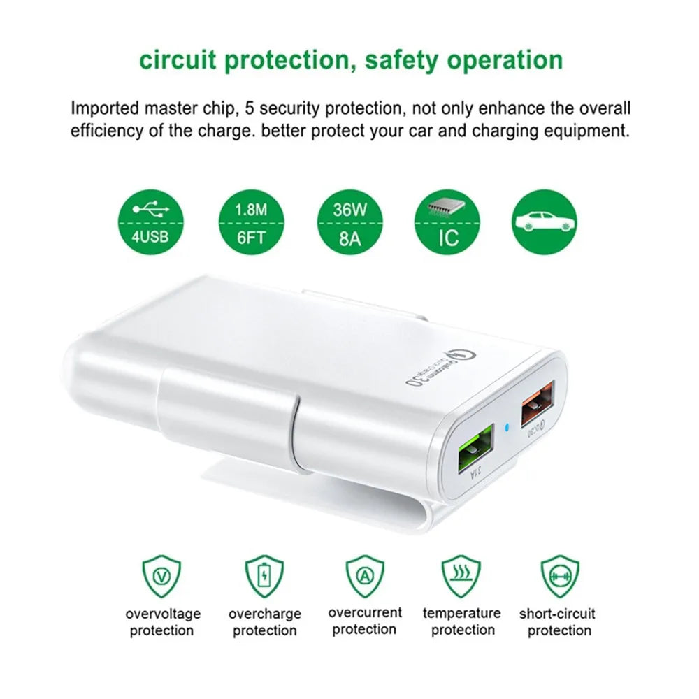 QC3.0 5.6 ft extension cable 4-port USB car charger for fast charging for iPhone 12 and Xiaomi mobile driving recorder