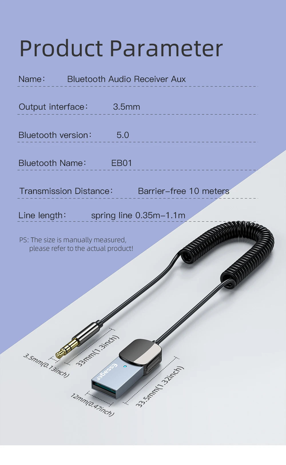 EssagerBluetooth Aux Adapter Wireless Car Bluetooth Receiver USB to 3.5mm Jack Audio Music Mic Handsfree Adapter for Car Speaker