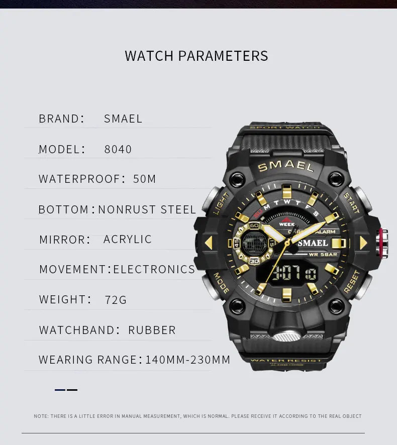 SMAEL Fashion Sport Watches Men Shock Resistant 50M Waterproof Wristwatch LED Alarm Stopwatch Clock Military 8040 Men Watch