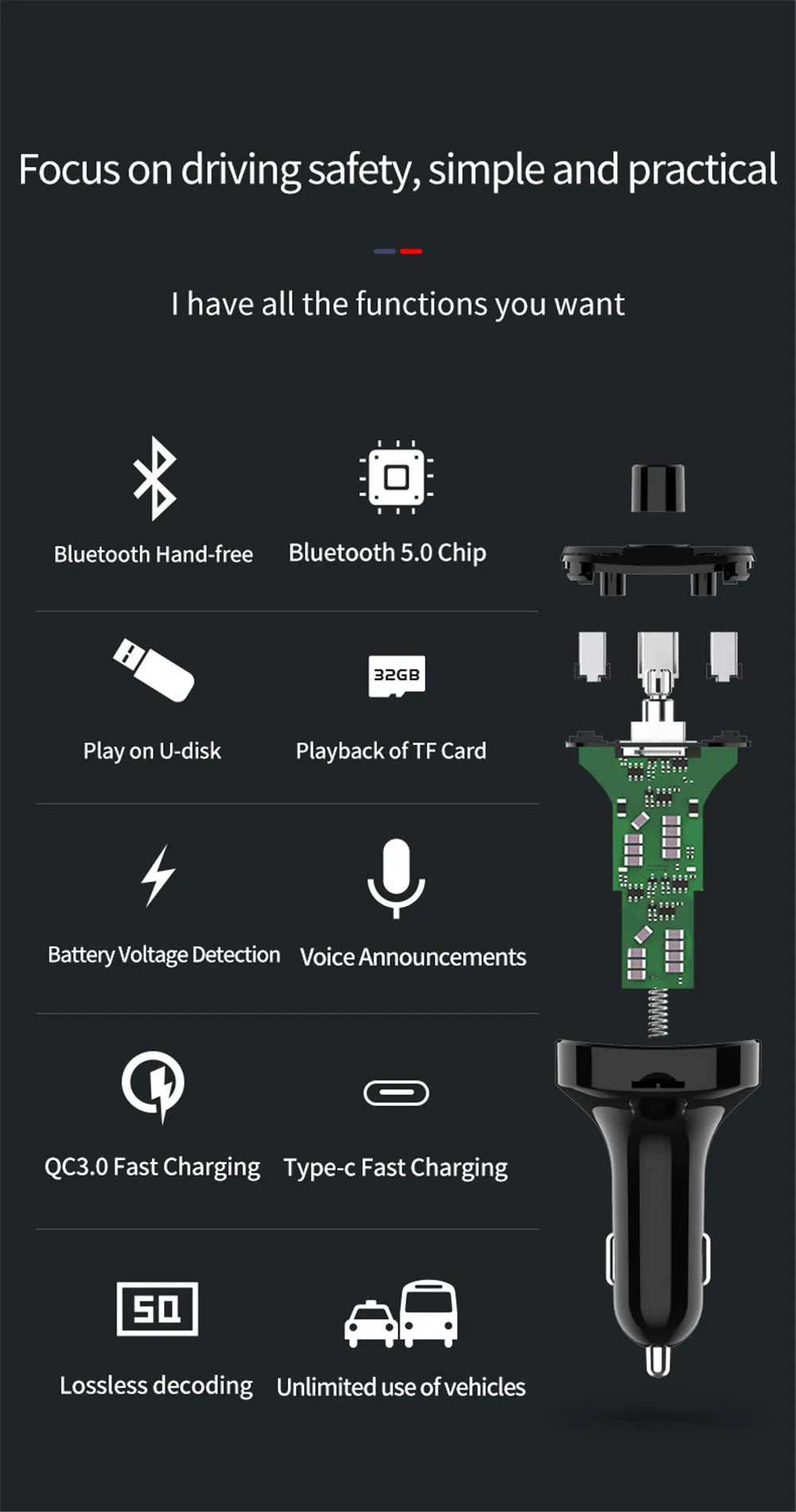 Car Bluetooth 5.0 FM Transmitter Dual USB PD Type C Fast Charge Car Charger Bluetooth Microphone Handsfree Car FM Modulator