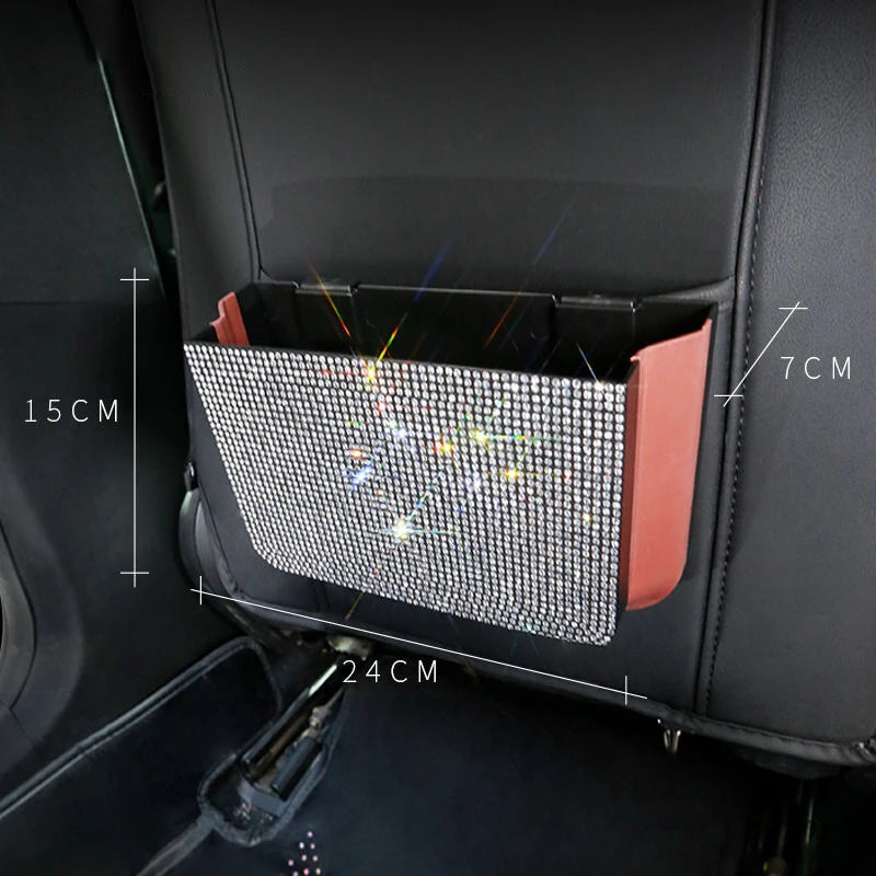 Crystal Bling Car Storage Bag Box Seat Back Organizer Box Backseat Holder Multi-Pockets Container Car Stowing Tidy Trash Bin