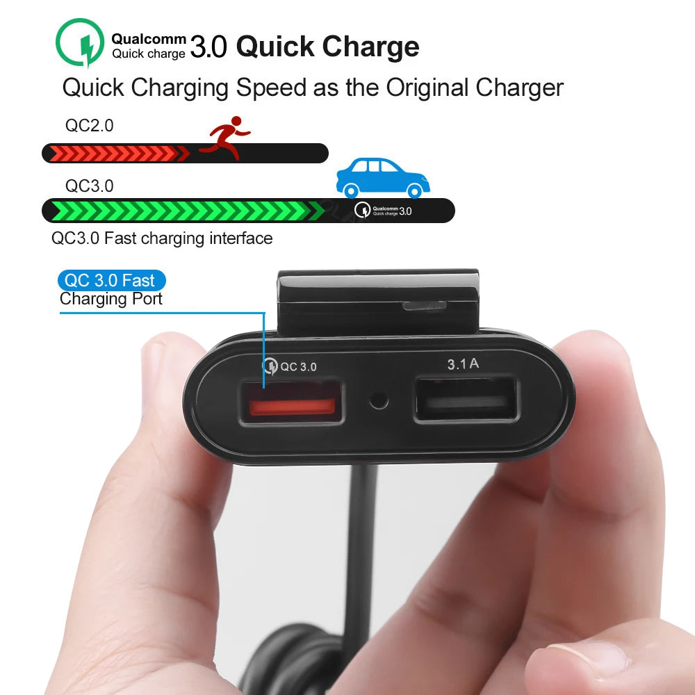 QC3.0 5.6 ft extension cable 4-port USB car charger for fast charging for iPhone 12 and Xiaomi mobile driving recorder