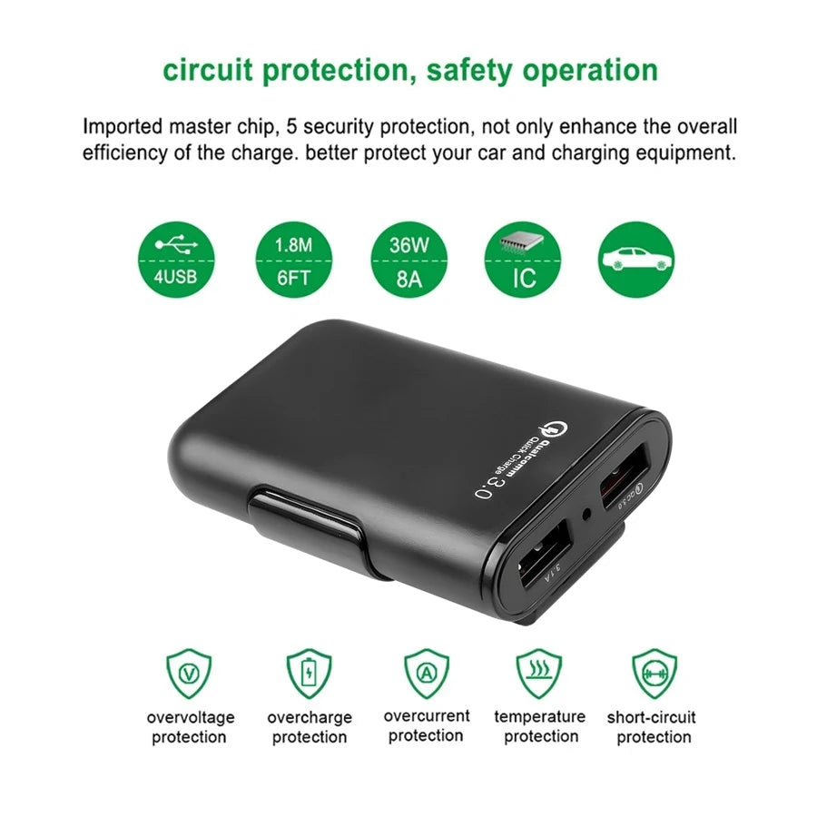 QC3.0 5.6 ft extension cable 4-port USB car charger for fast charging for iPhone 12 and Xiaomi mobile driving recorder
