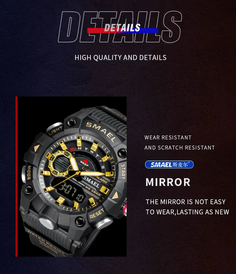 SMAEL Fashion Sport Watches Men Shock Resistant 50M Waterproof Wristwatch LED Alarm Stopwatch Clock Military 8040 Men Watch