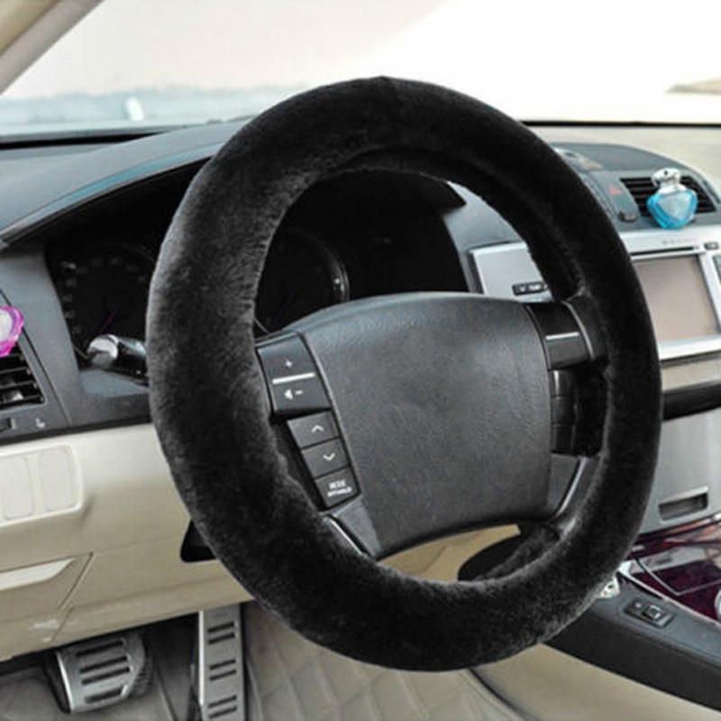 New Winter Black Charm Warm Long Wool Plush Car Steering Wheel Covers Woolen  Universal Interior