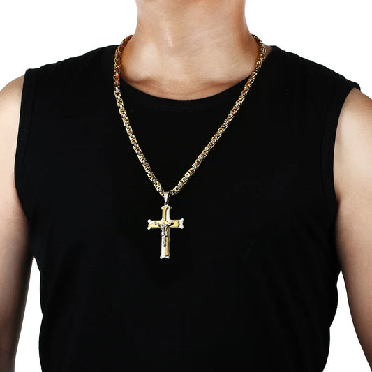 Stainless Steel Crucifix Jesus Byzantine Link Chain Necklace Fish Bone Pattern Cross Pendant Necklace Catholic Jewelry Men Gift