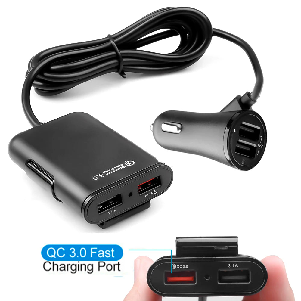 QC3.0 5.6 ft extension cable 4-port USB car charger for fast charging for iPhone 12 and Xiaomi mobile driving recorder