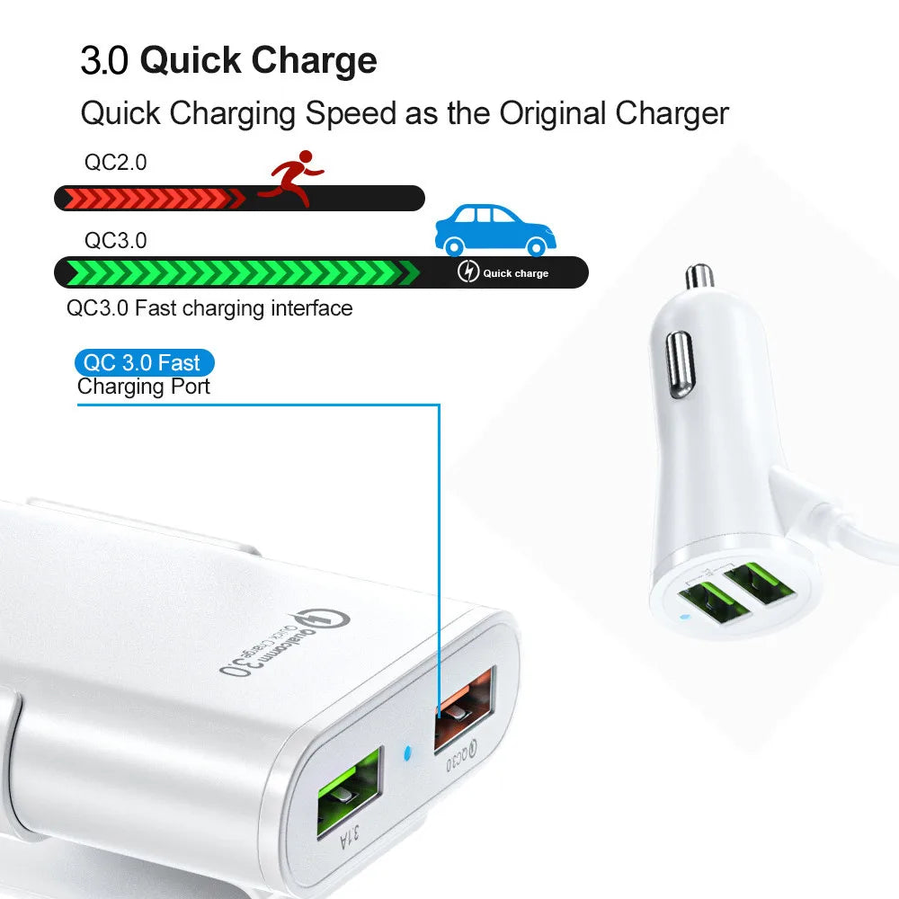 QC3.0 5.6 ft extension cable 4-port USB car charger for fast charging for iPhone 12 and Xiaomi mobile driving recorder
