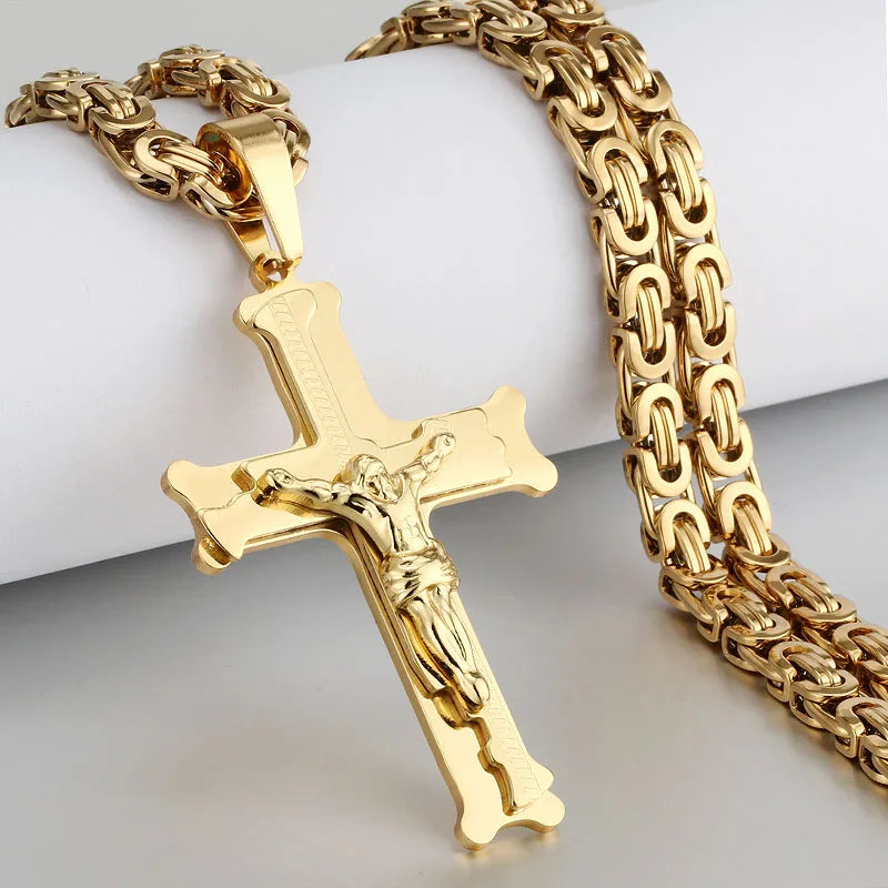 Stainless Steel Crucifix Jesus Byzantine Link Chain Necklace Fish Bone Pattern Cross Pendant Necklace Catholic Jewelry Men Gift