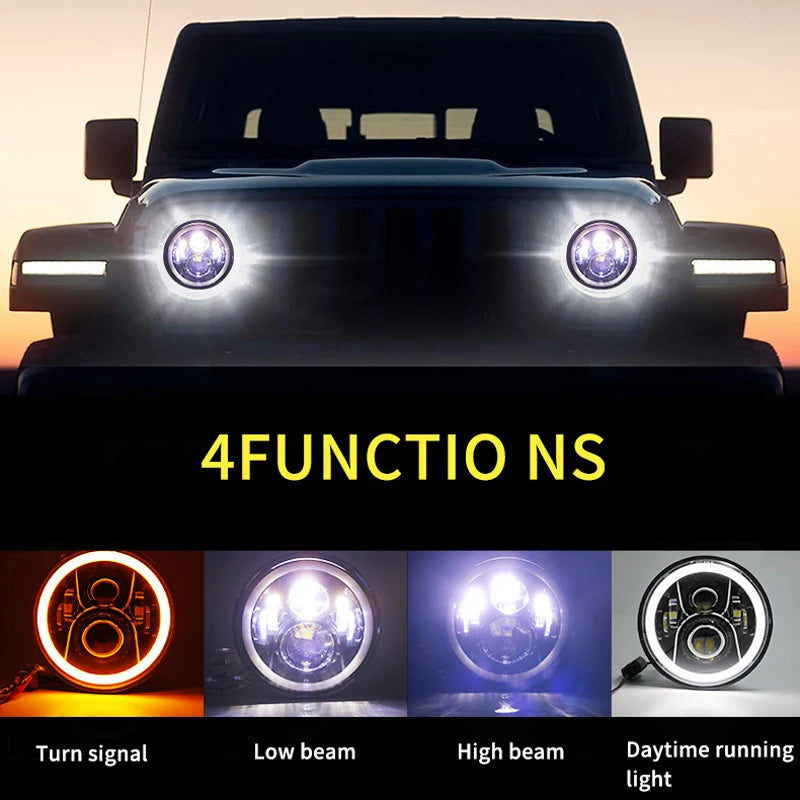 2x Car 7 Inch Led Headlight Hi/Low H4 Halo Angle Eyes DRL For Jeep JK TJ OffRoad Defender Hummer 4x4 Suzuki Samurai Headlamp