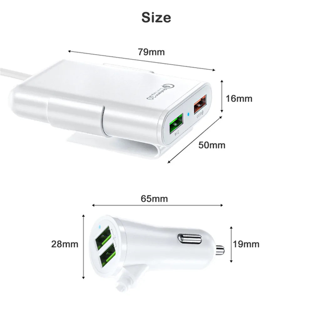 QC3.0 5.6 ft extension cable 4-port USB car charger for fast charging for iPhone 12 and Xiaomi mobile driving recorder