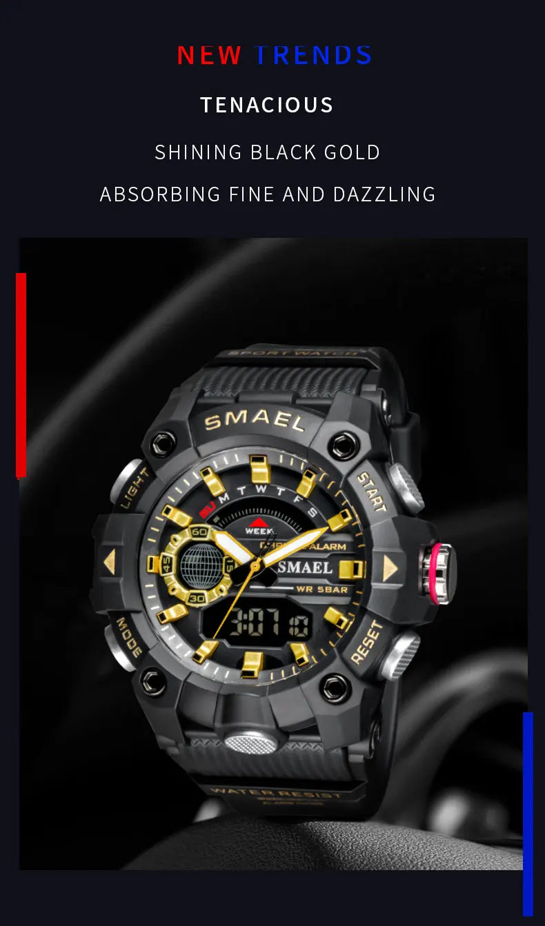 SMAEL Fashion Sport Watches Men Shock Resistant 50M Waterproof Wristwatch LED Alarm Stopwatch Clock Military 8040 Men Watch