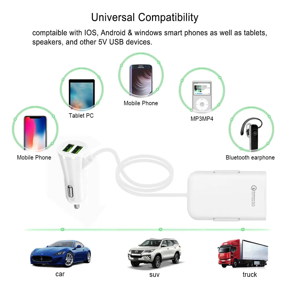 QC3.0 5.6 ft extension cable 4-port USB car charger for fast charging for iPhone 12 and Xiaomi mobile driving recorder
