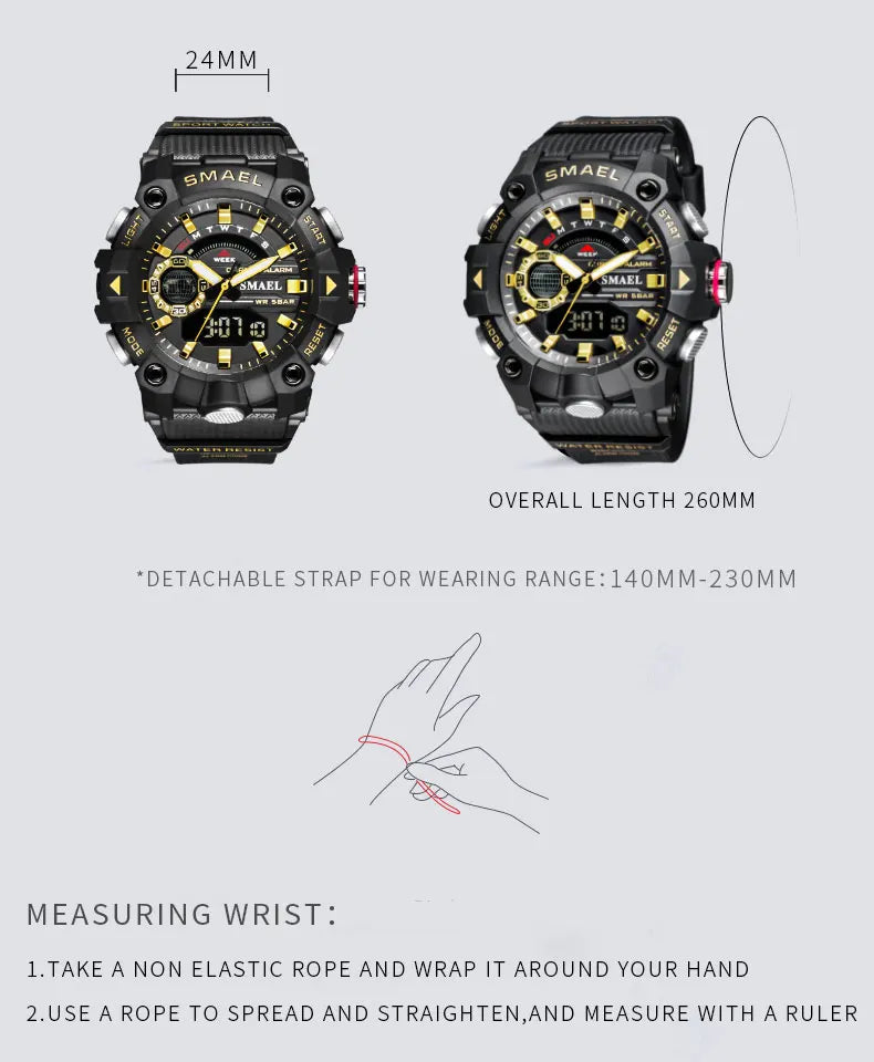 SMAEL Fashion Sport Watches Men Shock Resistant 50M Waterproof Wristwatch LED Alarm Stopwatch Clock Military 8040 Men Watch