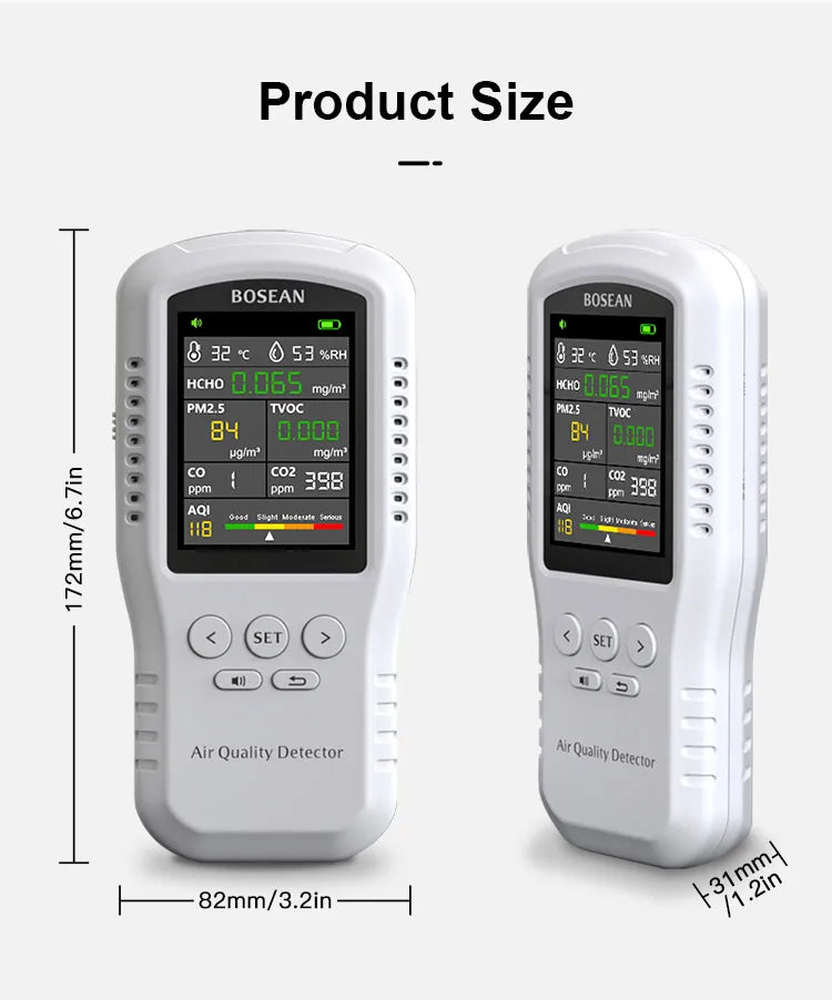 Bosean Air quality Monitor CO2 CO PM2.5 HCHO TVOC Temperature Humidity Monitor Home Air quality detector with Real Sensors