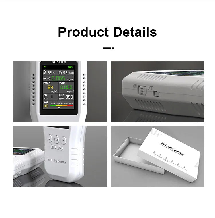 Bosean Air quality Monitor CO2 CO PM2.5 HCHO TVOC Temperature Humidity Monitor Home Air quality detector with Real Sensors