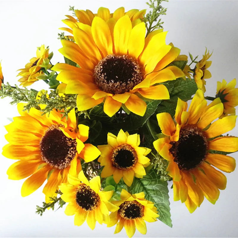 13 Heads Yellow Silk Sunflower Artificial Flowers 7 Branch/Bouquet for Home Office Garden Party Wedding Hotel Decoration A5230