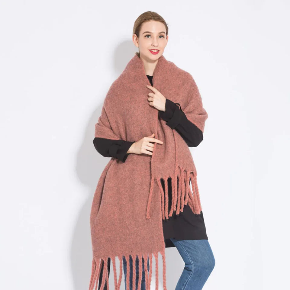 Solid Color Women Thick Shawl Scarf Winter Warm Fashion Pashmina Scarves Long Tassel Hijab Stole Bufanda Mujer