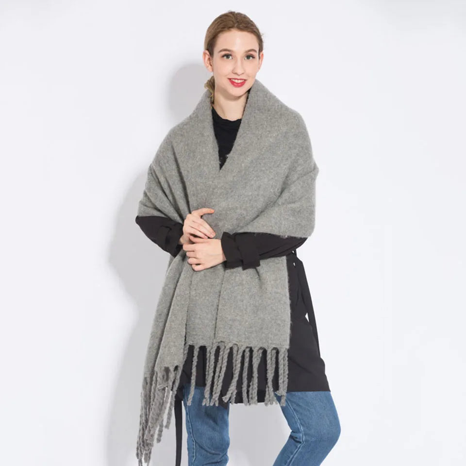 Solid Color Women Thick Shawl Scarf Winter Warm Fashion Pashmina Scarves Long Tassel Hijab Stole Bufanda Mujer