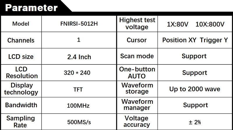 FNIRSI-5012H Handheld Digital Osciloscopio 500MS/s Sampling Rate 100MHz Analog Bandwidth 2.4 Inches Support Waveform Storage