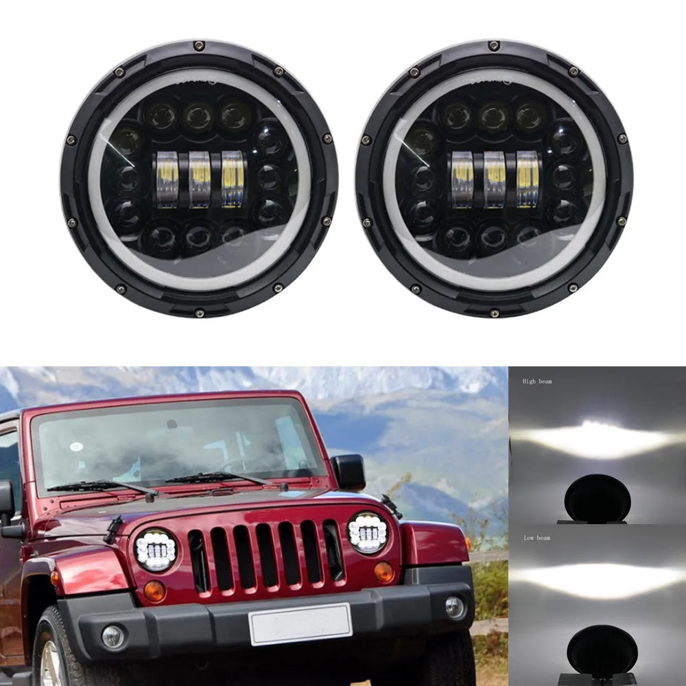 2x Car 7 Inch Led Headlight Hi/Low H4 Halo Angle Eyes DRL For Jeep JK TJ OffRoad Defender Hummer 4x4 Suzuki Samurai Headlamp