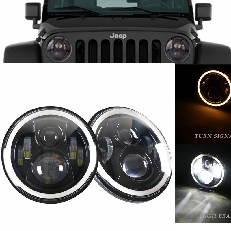 2x Car 7 Inch Led Headlight Hi/Low H4 Halo Angle Eyes DRL For Jeep JK TJ OffRoad Defender Hummer 4x4 Suzuki Samurai Headlamp