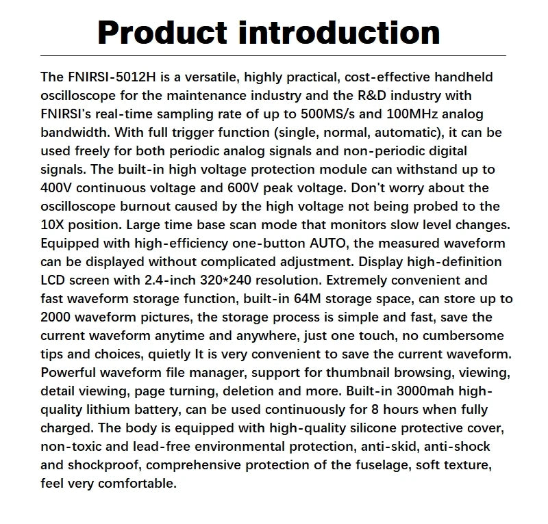 FNIRSI-5012H Handheld Digital Osciloscopio 500MS/s Sampling Rate 100MHz Analog Bandwidth 2.4 Inches Support Waveform Storage