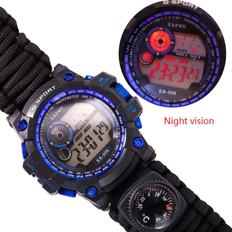 Outdoor Survive Watch Emergency with Night Vision 50M Waterproof Paracord Knife Compass Thermometer Whistles First Aid Kits Hot