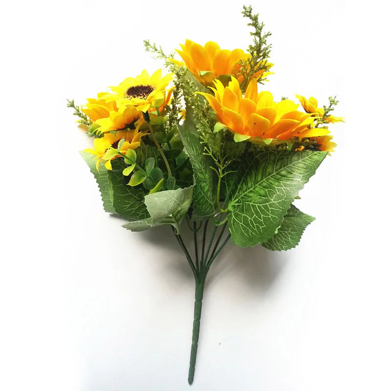13 Heads Yellow Silk Sunflower Artificial Flowers 7 Branch/Bouquet for Home Office Garden Party Wedding Hotel Decoration A5230