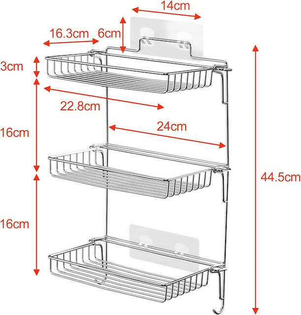 Metallic Hanging Bathroom Organizer, No Drilling, Shower Shelf for Hanging, Stainless Steel Shower Basket, Shower Rail with 3-Tier Basket, Foldable and Removable
