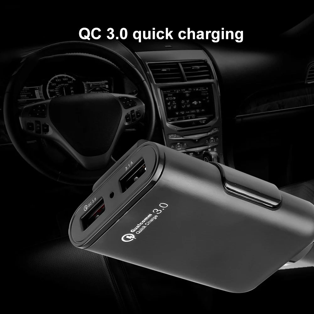 QC3.0 5.6 ft extension cable 4-port USB car charger for fast charging for iPhone 12 and Xiaomi mobile driving recorder