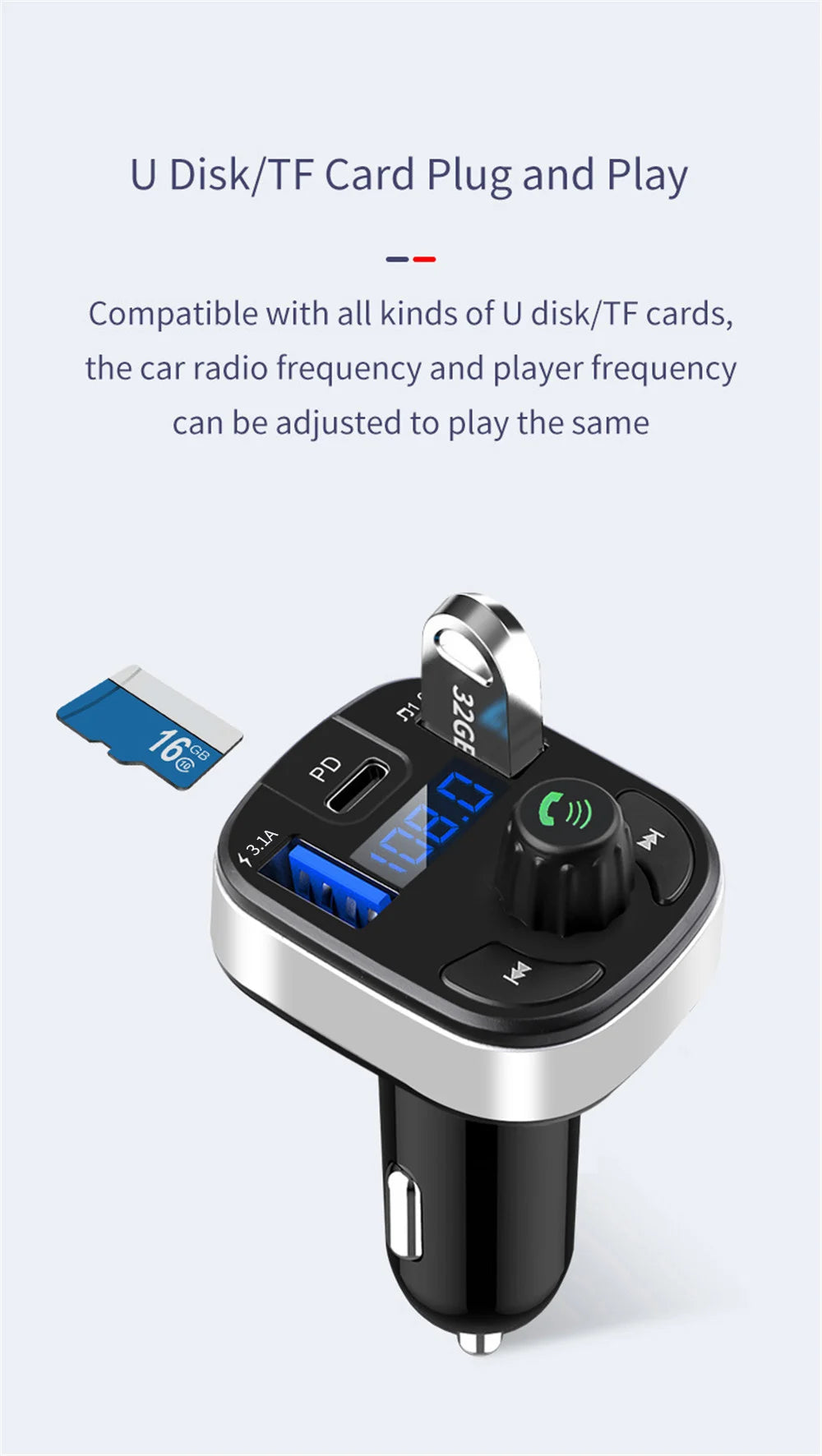 Car Bluetooth 5.0 FM Transmitter Dual USB PD Type C Fast Charge Car Charger Bluetooth Microphone Handsfree Car FM Modulator