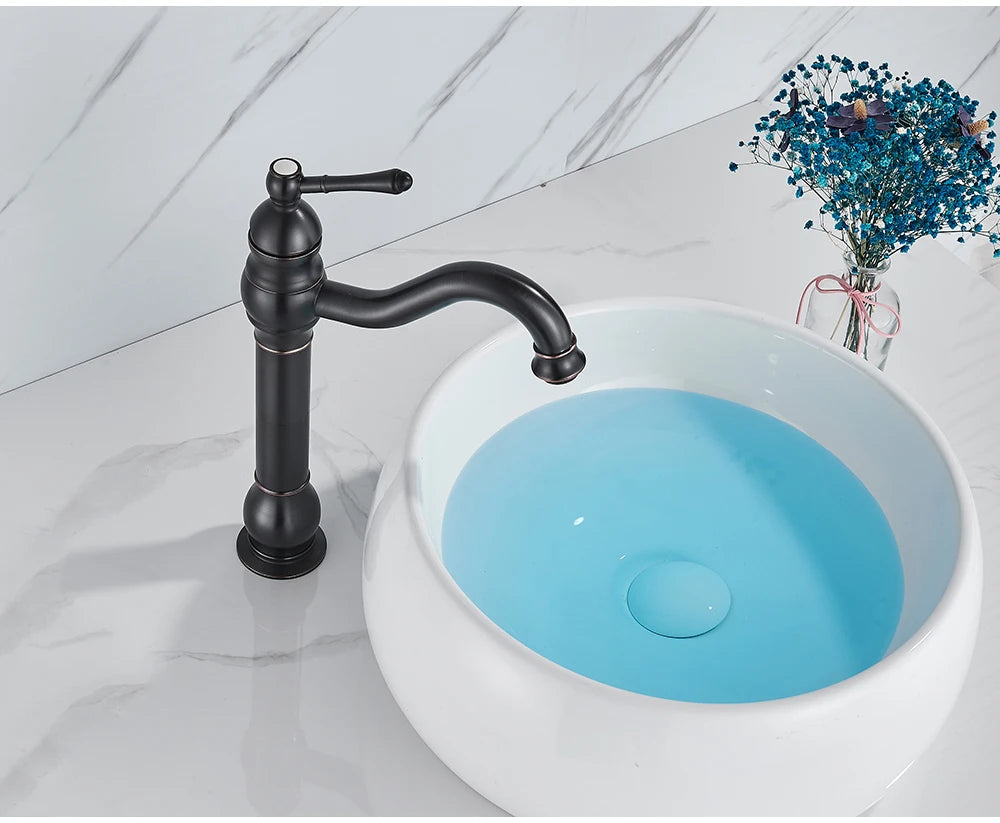 POIQIHY Antique Brass Basin Vessel Sink Faucet Deck Mounted One Hole Cold Hot Water Cold Hot Mixer Tap Bathroom Faucet 1 Hole