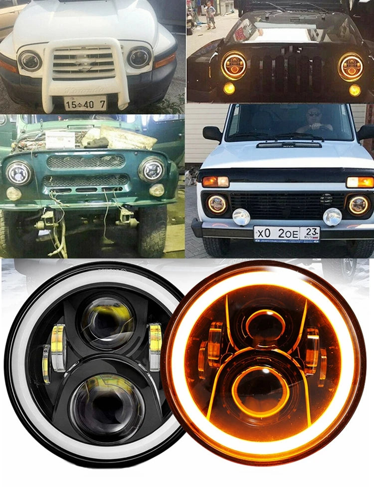 2x Car 7 Inch Led Headlight Hi/Low H4 Halo Angle Eyes DRL For Jeep JK TJ OffRoad Defender Hummer 4x4 Suzuki Samurai Headlamp