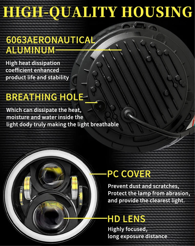 2x Car 7 Inch Led Headlight Hi/Low H4 Halo Angle Eyes DRL For Jeep JK TJ OffRoad Defender Hummer 4x4 Suzuki Samurai Headlamp