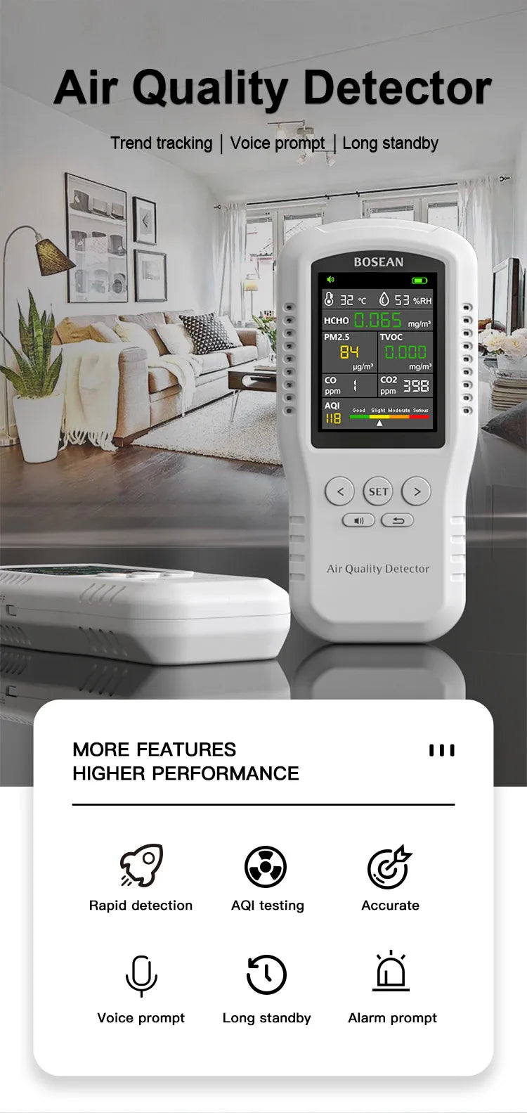 Bosean Air quality Monitor CO2 CO PM2.5 HCHO TVOC Temperature Humidity Monitor Home Air quality detector with Real Sensors