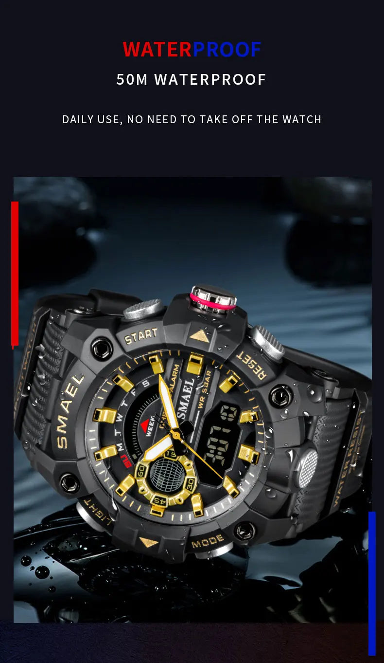 SMAEL Fashion Sport Watches Men Shock Resistant 50M Waterproof Wristwatch LED Alarm Stopwatch Clock Military 8040 Men Watch