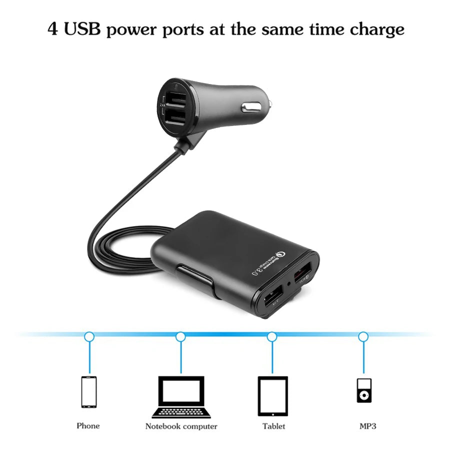 QC3.0 5.6 ft extension cable 4-port USB car charger for fast charging for iPhone 12 and Xiaomi mobile driving recorder