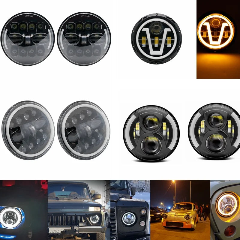 2x Car 7 Inch Led Headlight Hi/Low H4 Halo Angle Eyes DRL For Jeep JK TJ OffRoad Defender Hummer 4x4 Suzuki Samurai Headlamp