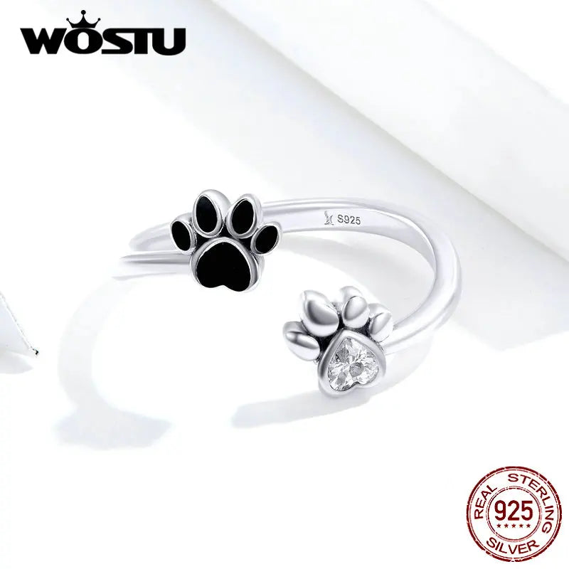 WOSTU 100% 925 Sterling Silver Paw Dog Pets' Footprint Ring For Women Wedding Engagement Adjustable Rings Fashion Jewelry CQR605