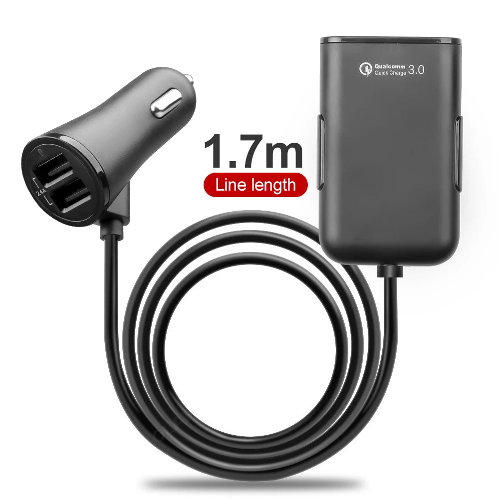 QC3.0 5.6 ft extension cable 4-port USB car charger for fast charging for iPhone 12 and Xiaomi mobile driving recorder